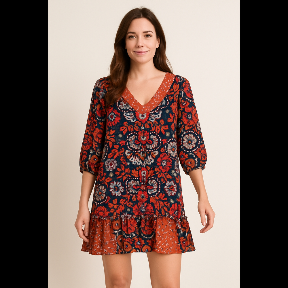 Navy, Rust & Turquise Paisley Print Flowy Boho Ruffle Hem Dress Fall Country